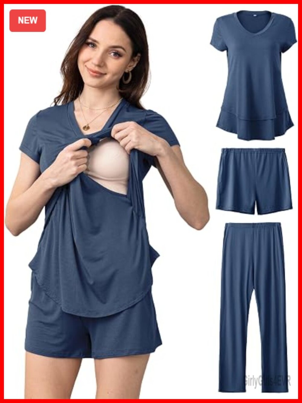 3-Piece Maternity Nursing Pajama Set with Hidden Tops & Adjustable Bottoms